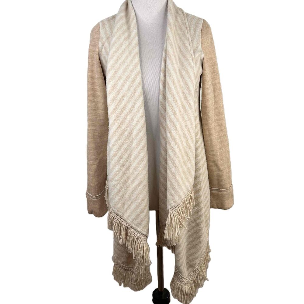 Anthropologie Cream Fringe Striped Pattern Long Sleeves Cardigan Size S